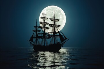 Night landscape with pirate ship, full moon in the sky. Generative AI