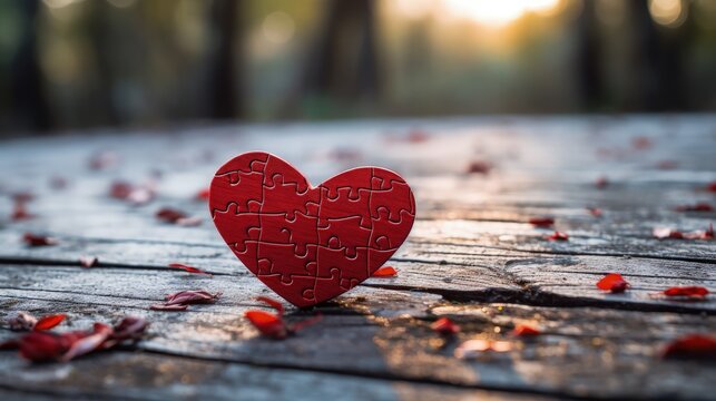 Red heart on wooden floor, bokeh background, concept of love and passion. Generative AI