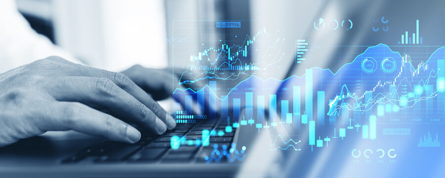 Man hands typing on laptop, forex diagrams with financial statistics, dashboard