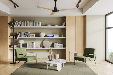 Stylish living room interior with bookshelf and armchairs, panoramic window