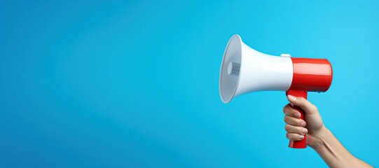 Hand holding megaphone on blue background, space for text, promotion and advertisement concept. Generative AI