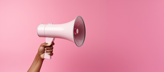 Hand holding megaphone on pink background, space for text, promotion and advertisement concept. Generative AI