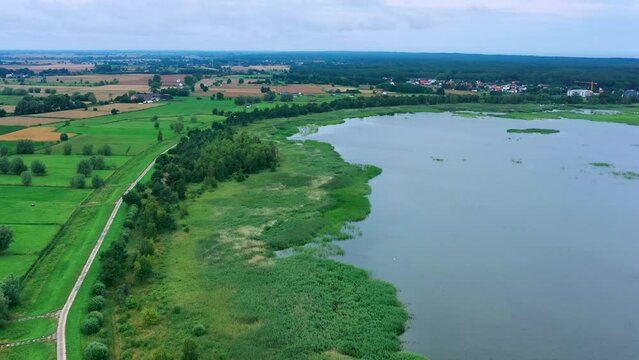 Aerial view with pan over the western bay of the Vistula Spit on the Polish Bodden coast near Kaliningrad