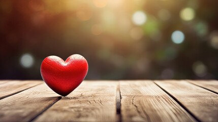 Fototapeta premium Red heart on wooden floor, bokeh background, concept of love and passion. Generative AI