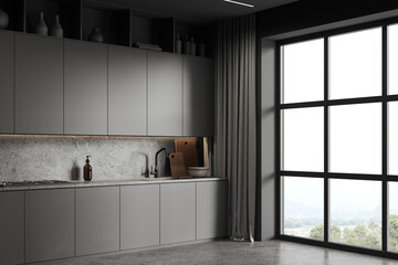 Fototapeta na wymiar Gray kitchen corner with gray cabinets and window