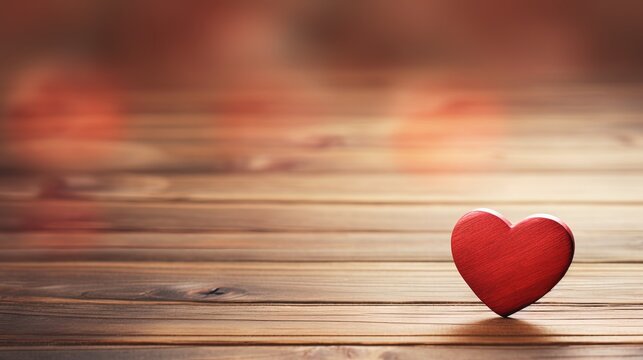 Red heart on wooden floor, bokeh background, concept of love and passion. Generative AI