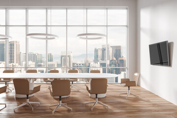 White and wooden business room interior with table and seats, panoramic window