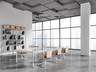 Fototapeta na wymiar Panoramic white office meeting room corner with columns