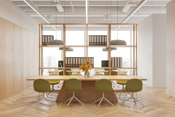 Cozy office interior with board and chairs, workspace and panoramic window