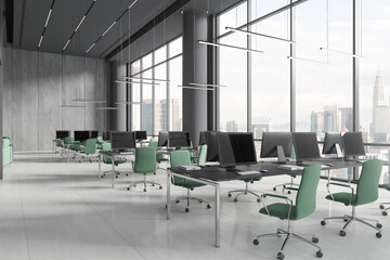 Fototapeta na wymiar Stylish workspace interior with pc desktop and table with panoramic window