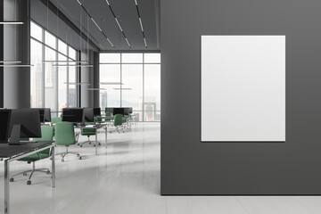 Grey business interior with pc computers and panoramic window. Mockup frame