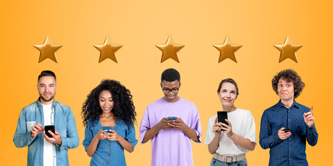 Man and woman using smartphone giving five stars, online review