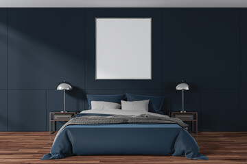 Dark bedroom interior with bed, nightstand and decoration. Mockup frame