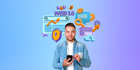 Young man using phone, web3 internet icons and global data prote