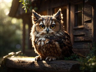 Cute owl, framed by an old wood house with plenty of tree backdrop. illuminated by a dramatic light, and looks directly into the camera 