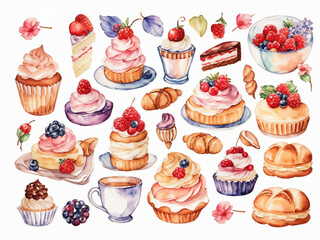 sticker sheet French pastries, muffins, macarons, Watercolor Clipart, white background, no background, isolated on white, variations, sticker sheet, planner stickers