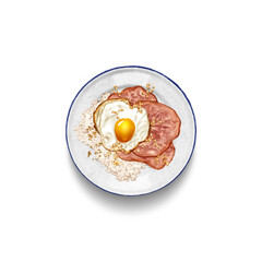 Realistic illustration of  Hamsilog: a delectable Filipino breakfast dish that features the delightful combination of ham, garlic fried rice (sinangag), and a sunny-side-up egg (itlog).