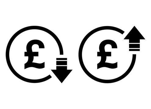 Set of cost symbol pound increase and decrease icon. Money vector symbol isolated on background
