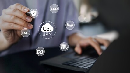 reduce CO2 emission concept with icons, global warming