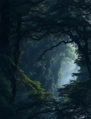Natural landscape Tree tunnel in a mysterious dense forest Created with Generative AI technology.