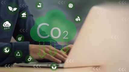 reduce CO2 emission concept with icons, global warming