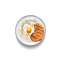 Realistic illustration of Porkchop Silog / readed Porkchop Silog: a mouthwatering Filipino breakfast dish featuring a tender and crispy breaded pork chop served with garlic fried rice (sinangag) and a