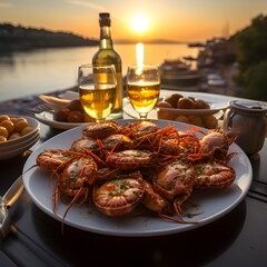 Lobsters in the background of a beautiful sunset of the Croatian coastal landscape
