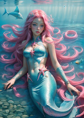 Obraz na płótnie Canvas Mythical 3D image of beautiful little mermaid with blue eyes colorful long hair next to colorful corals under the sea