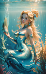 Obraz na płótnie Canvas Mythical 3D image of beautiful little mermaid with blue eyes colorful long hair next to colorful corals under the sea