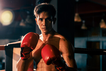 Muay Thai boxer punch his fist in front of camera in ready to fight stance posing at gym with...