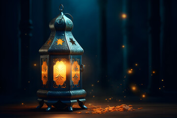 Fototapeta na wymiar Islamic-inspired Arabic lantern on a dark background. Ramadan lantern