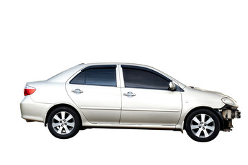 Obraz na płótnie Canvas Full body side view of white car get damaged by accident on the road. damaged cars after collision. Isolated on transparent background , PNG File.