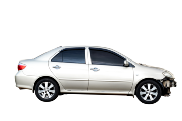 Full body side view of white car get damaged by accident on the road. damaged cars after collision. Isolated on transparent background , PNG File.