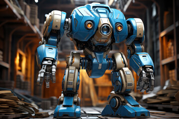 Fototapeta na wymiar large robot walking in factory with barrels 