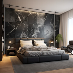 Luxurious and modern bedroom, black and white furniture, granite wall, seat, wooden floor