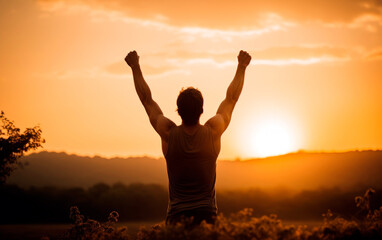 Man silhouette with open arms against sunset.