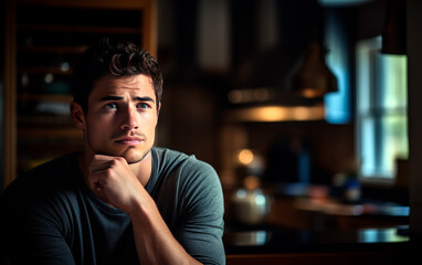 Obraz premium Thoughtful man at home with copy space.