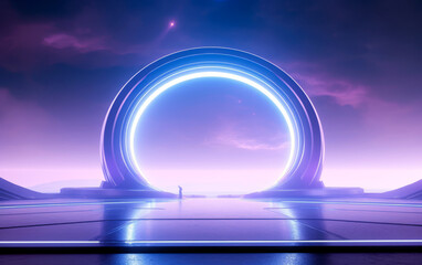Futuristic purple glowing neon round portal in the desert. Scifi illustration style.