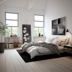 luxury eurostandart design type bedroom, white walls, black tiles.