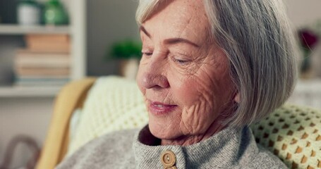 Senior woman, old face and thinking closeup at retirement home feeling relax and calm on sofa. Living room, elderly female person and happy with peace in a house on a lounge couch with mindfulness