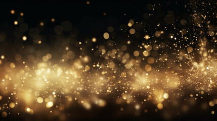 Gold particles float in the air on a festive and celebratory black background.