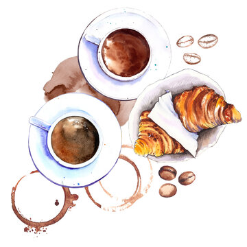 Top down view of breakfast coffee cups, croissants, coffee stains and beans. Watercolor illustration isolated on white background.