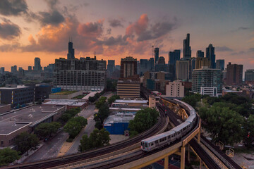 Chicago skyline sunset from the South Loop with the El train 