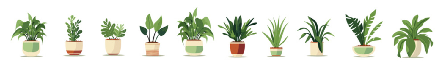 Fototapeta na wymiar Modern house plants in different clay pots and planters. Home garden vector illustration.