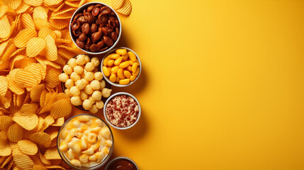 top view of various snacking on yellow background, generative ai