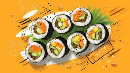 
Chungmu gimbap. A kind of sushi made from rice and ready-made ingredients. Traditional Korean cuisine, healthy snack. Spicy food. Generative AI