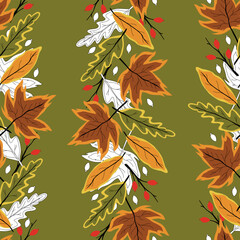 Creative Autumn Seamless Pattern With Simple Leaves And Plants, Vector Illustration