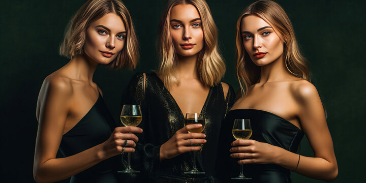 Elegant trio of young women in chic black dresses, cheerfully toasting with sleek champagne glasses against sophisticated dark backdrop. Generative AI