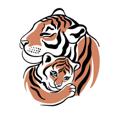 Tiger and tiger cub. Mom and baby in hugs. Motherhood. Illustration isolated on white background