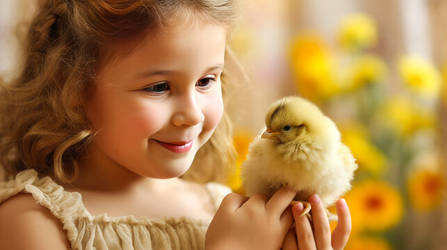 Enchanting Moment Of A Young Child Gently Holding A Baby Chick, Their Eyes Filled With Awe. A Fresh Spring-inspired Backdrop Adds To The Magic. Generative AI